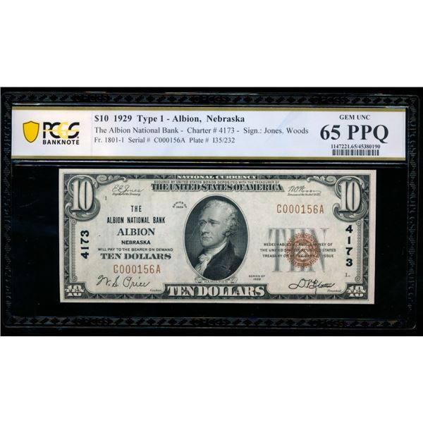 1929 $10 Albion NE National PCGS 65PPQ