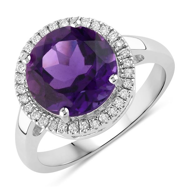 Plated Rhodium 3.30ct Amethyst and Lab Diamond Ring