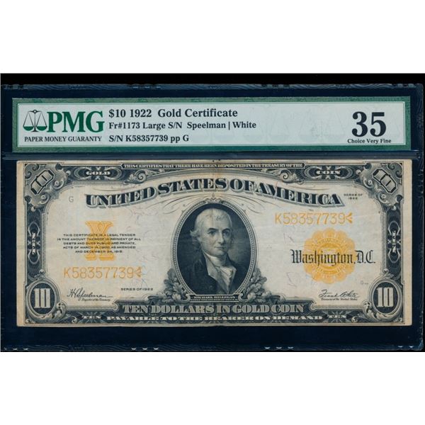 1922 $10 Gold Certificate PMG 35