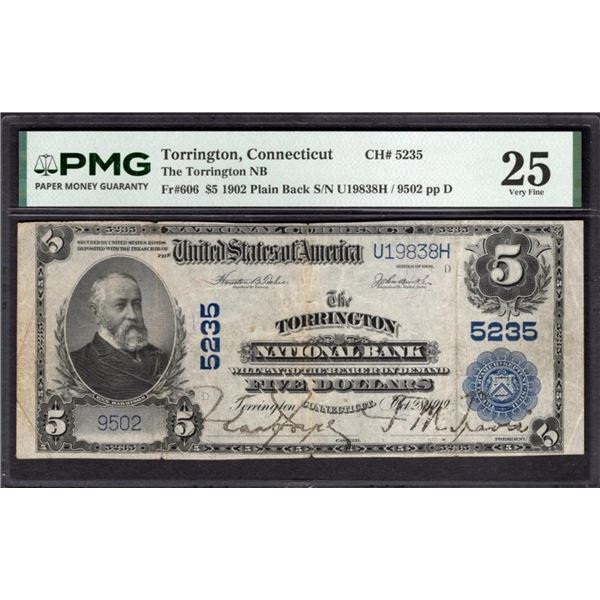 1902 $5 Torrington CT National PMG 25