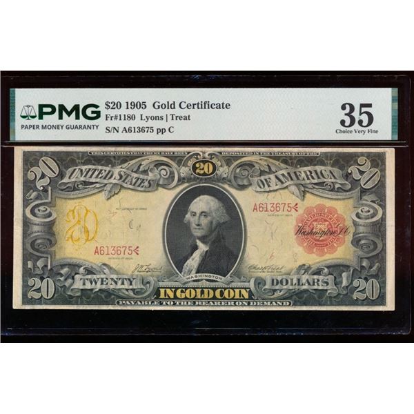 1905 $20 Technicolor Gold Certificate PMG 35