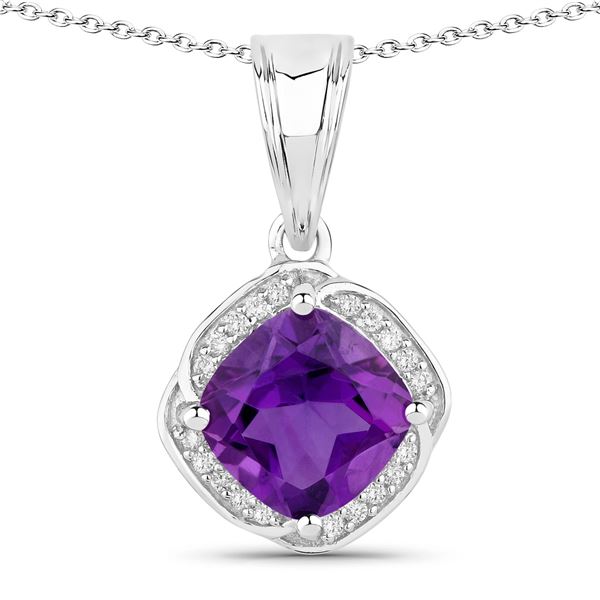Plated Rhodium 1.80ct Amethyst and Lab Diamond Pendant with Chain