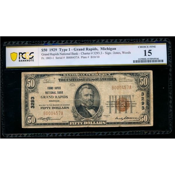 1929 $50 Grand Rapids MI National PCGS 15