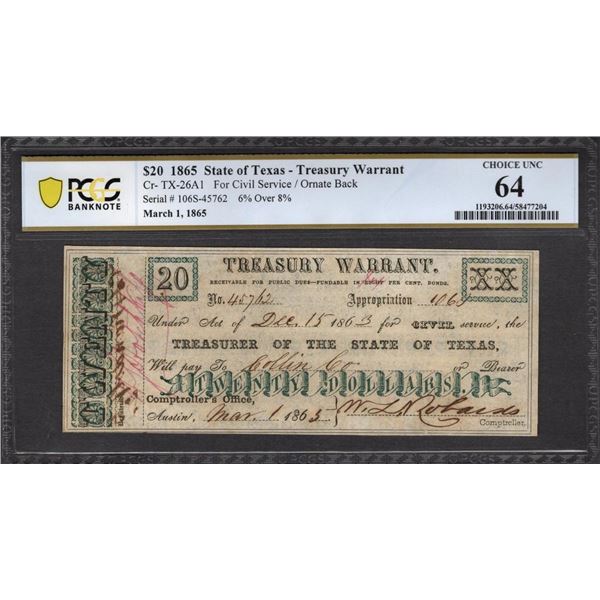 1865 $20 State of Texas Treasury Warrant PCGS 64