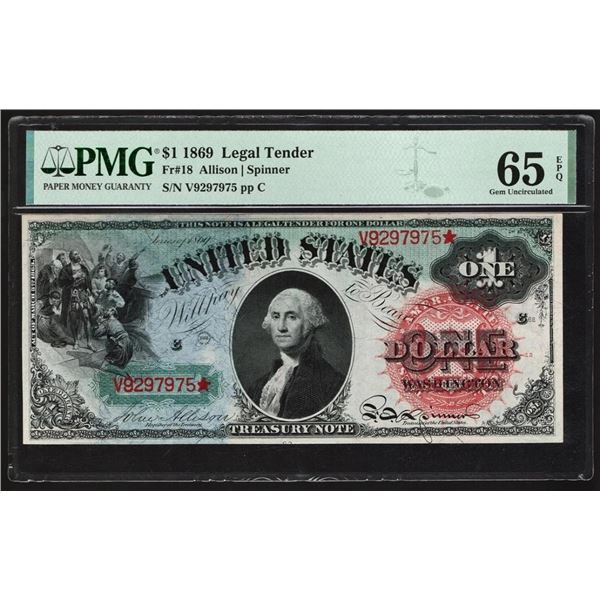 1869 $1 Rainbow Legal Tender Note PMG 65EPQ