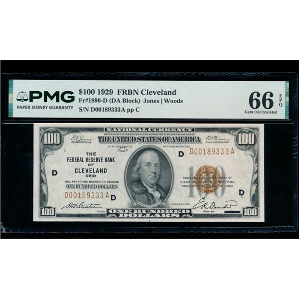 1929 $100 Cleveland FRBN PMG 66EPQ