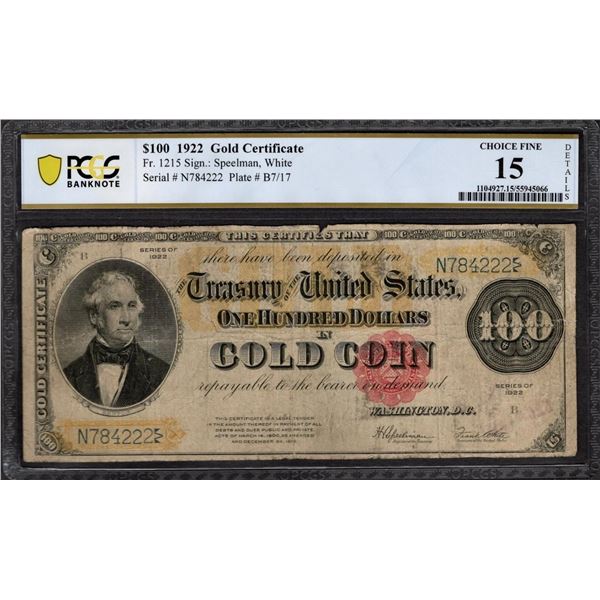 1922 $100 Gold Certificate PCGS 15