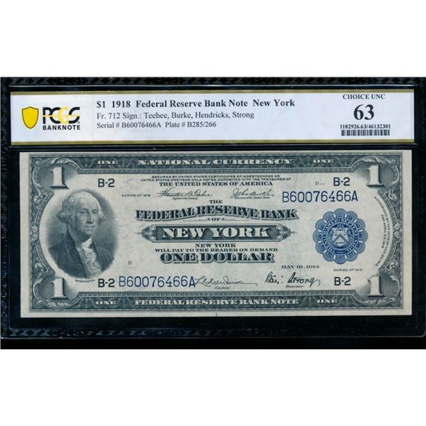 1918 $1 New York FRBN PCGS 63
