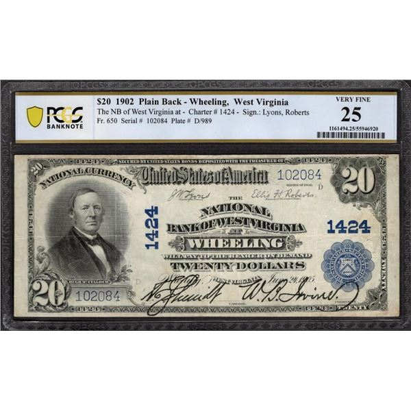 1902 $20 Wheeling WV National PCGS 25