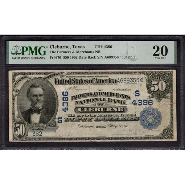 1902 $50 Cleburne TX National PMG 20
