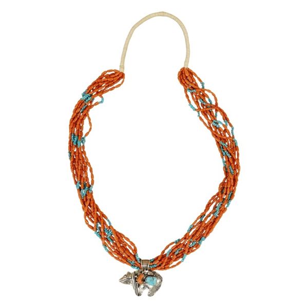 Navajo Coral Turquoise Sterling Bear Necklace