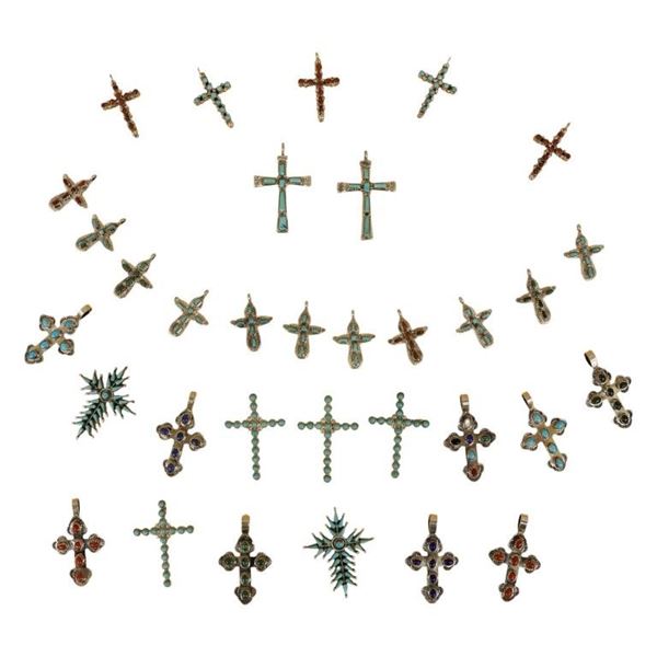 Sterling Zuni Inlaid Stone Cross Pendants Lot