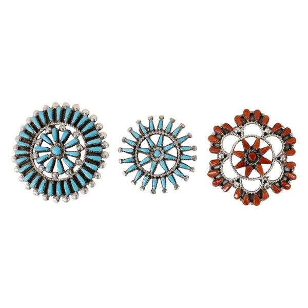 Signed Zuni Sterling Turquoise Coral Pin Pendants