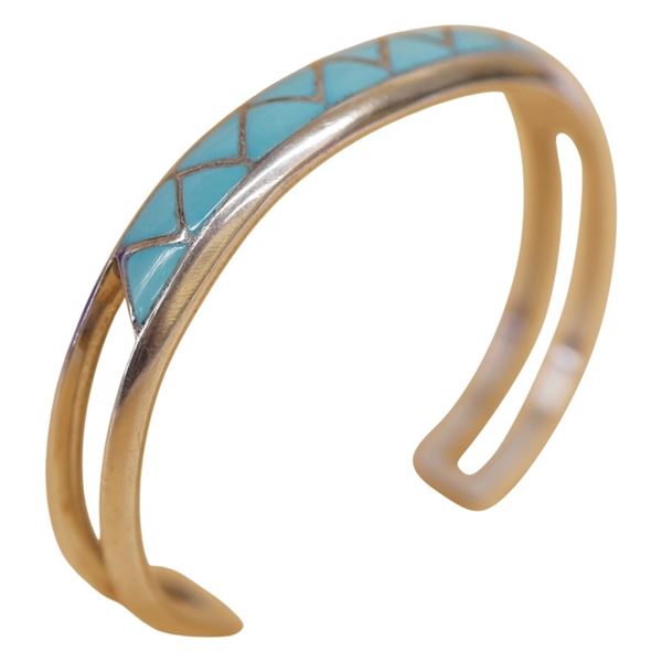 Signed MKL Zuni Sterling Inlaid Turquoise Cuff