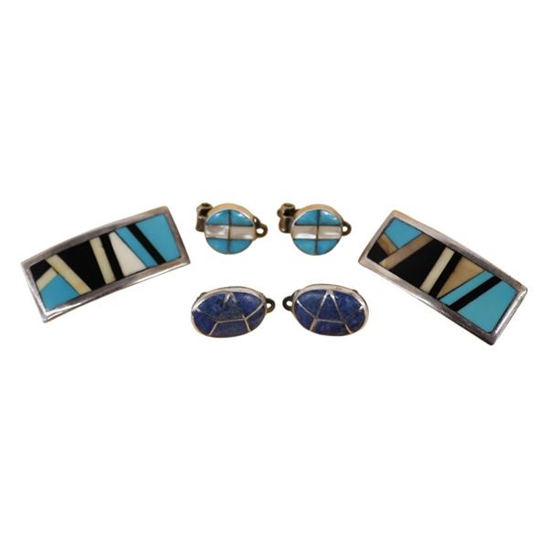 Native American Sterling Inlay Clip Earring Lot
