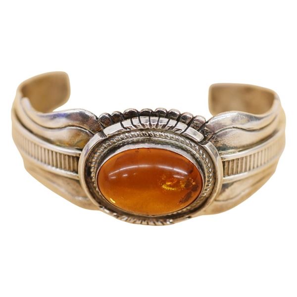 Wes Craig Navajo Sterling Amber Cabochon Cuff