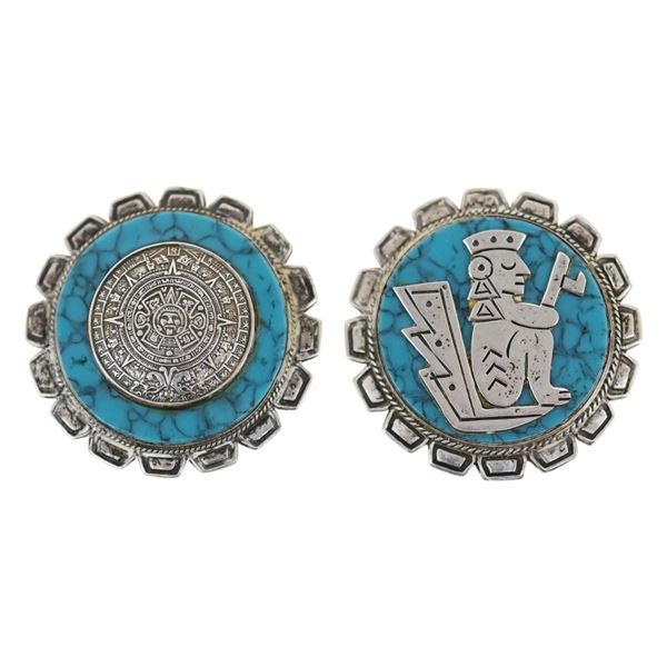 JPM Mexico Sterling Turquoise Brooch Pendant Pair