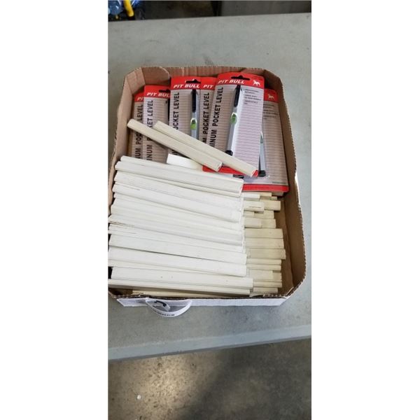 TRAY OF ALUMINUM POCKET LEVELS AND SHOP PENCILS