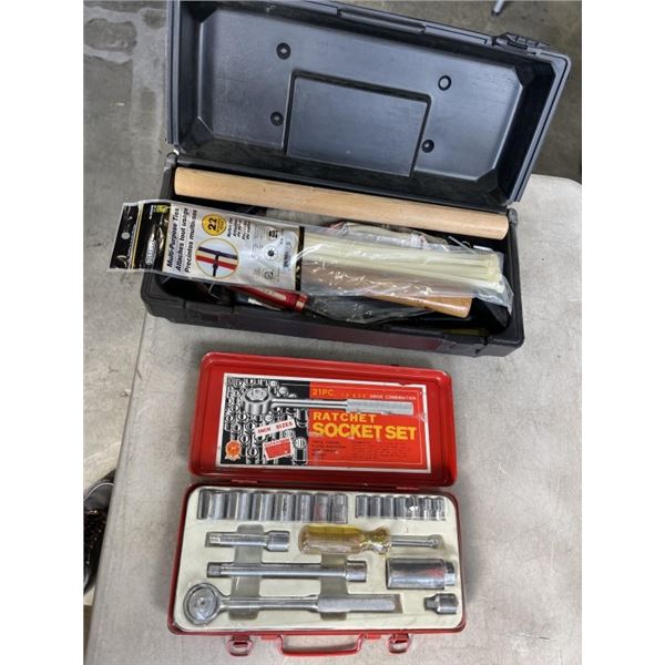 STANLEY TOOLS BOX W/ TOOLS AND RATCHET SOCKET SET