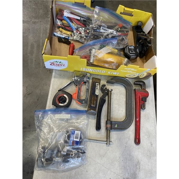 LOT OF HAND TOOLS INCLUDING VICE GRIPS, TAPE MEASURERS, PIPE CUTTERS