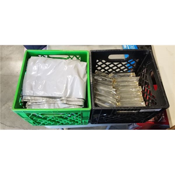 CRATE OF GLASS CHANDELIER PRISMS AND TOTE OF PLASTIC BAGS