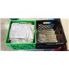 Image 1 : CRATE OF GLASS CHANDELIER PRISMS AND TOTE OF PLASTIC BAGS