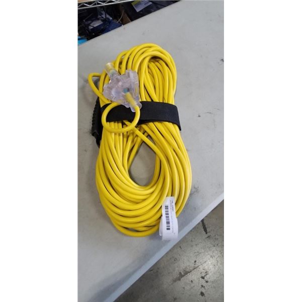 APPROX 100 FOOT HEAVY DUTY LIGHTED YELLOW 3 OUTLET EXTENSION CORD. 12AWG/3C
