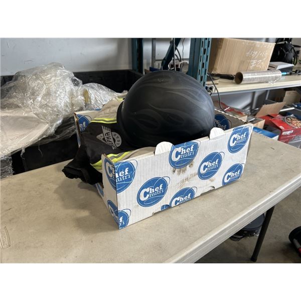 BOX OF MOTORCYLE GEAR - JACKET, VEST, DOT HELMET, ETC