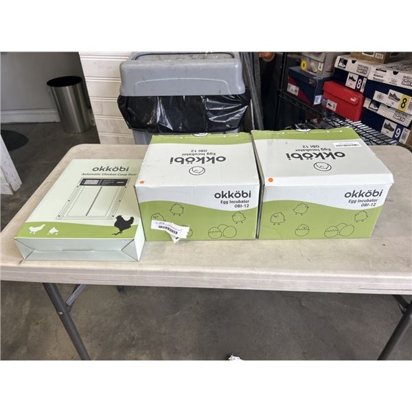 2 OKKOBI EGG INCUBATORS MODEL OBI-12 AND OKKOBI AUTOMATIC CHICKEN COOP DOOR