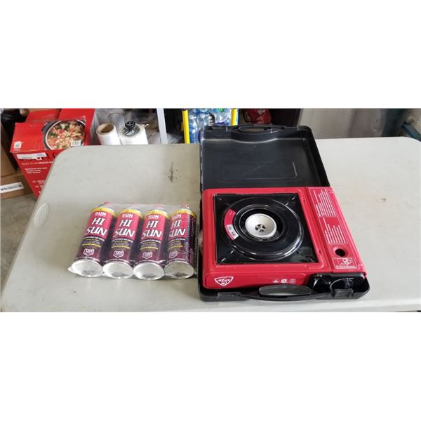 PORTER CABLE STOVE TOP AND 4 NEW HI SUN BUTANE GAS CARTRIDGES