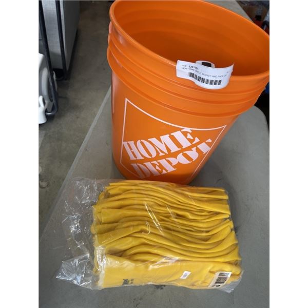 NEW HOME DEPOT BUCKET AND LARGE PACK OF RUBBER GLOVES