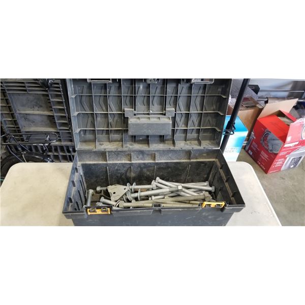 BLACK PLASTIC TOOLBOX WITH LARGE BOLTS & ANCHORS