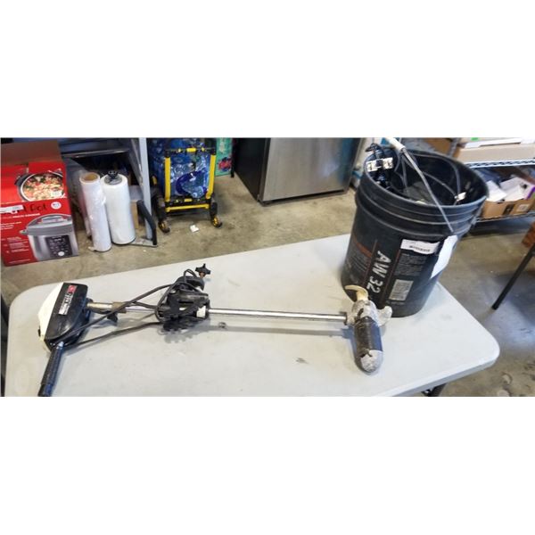 ELECTRIC BOAT MOTOR AND BUCKET OF FISH FINDERS