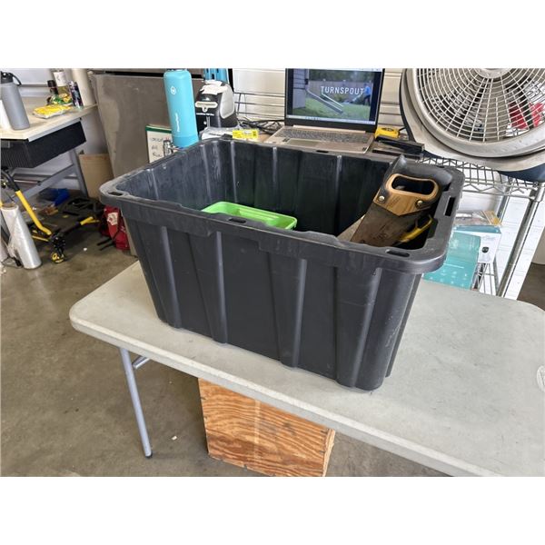 TOTE WITH ASSORTED HANDTOOLS, MEASURING TAPES, SAWS ETC