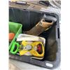 Image 2 : TOTE WITH ASSORTED HANDTOOLS, MEASURING TAPES, SAWS ETC