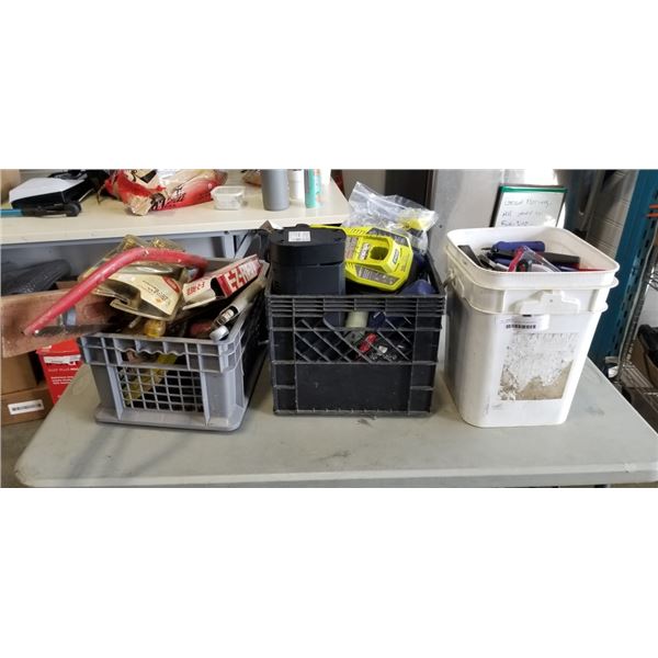 2 CRATES AND BUCKET OF ASSORTED TOOLS, HARDWARE, ETC