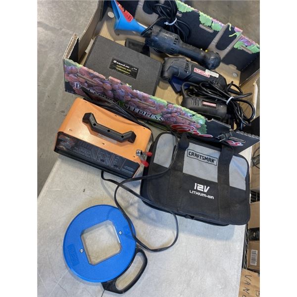 TRAY OF ELECTRIC HAND TOOLS INCLUDING 2 CORDED DRIVERS, DRYWALL TOOL, BATTERY CHARGER, AND A COMPRES