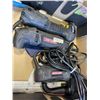 Image 4 : TRAY OF ELECTRIC HAND TOOLS INCLUDING 2 CORDED DRIVERS, DRYWALL TOOL, BATTERY CHARGER, AND A COMPRES