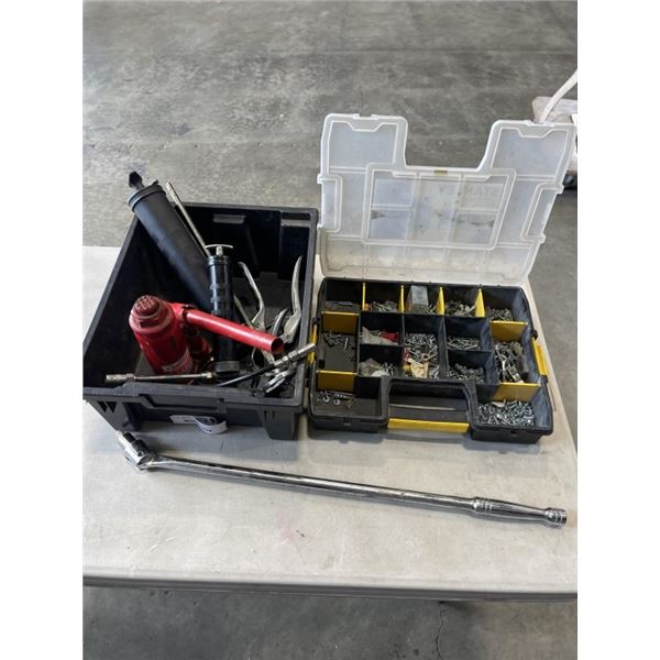TOTE INCLUDING GREASE GUN, BOTTLE JACK, PARTS ORGANIZER WITH CONTENTS