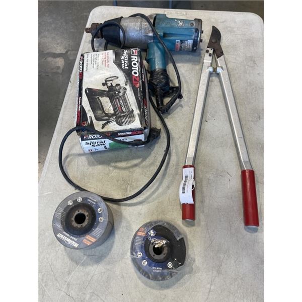 MAKITA DRILL, ROTOZIP SPIRAL SAW, MASTERCRAFT BLADES, AND SHEARS