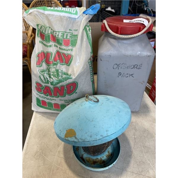 BAG OF QUICKCRETE, LARGE LIDDED CONTAINER, AND BIRD FEEDER