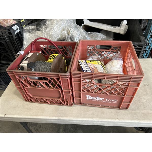 2 CRATES OF SAFETY MASKS, WIRE, CAUTION TAPE AND MORE