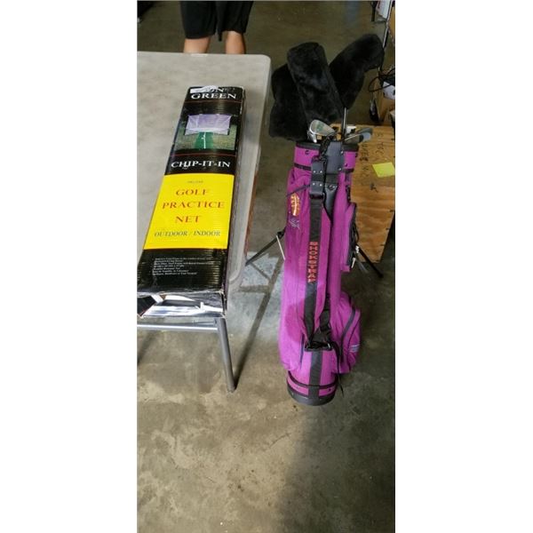 GOLF CLUBS IN BAG AND GOLF PRACTICE NET