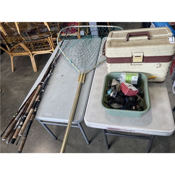 LOT OF FISHING GEAR - RODS, LARGE NET, AND TACKLE BOX