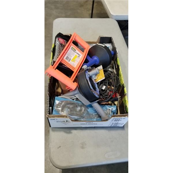 TRAY OF TOOLS INCLUDING RATCHET SET, DRAIN SNAKES, ELECTRICAL WIRE ETC