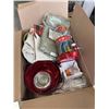 Image 2 : TRAY OF MISC INCLUDING JELLY BEAN MACHINE, TABLE CLOTHS, GLASS JAR ETC