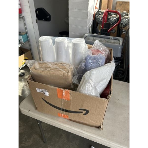 BOX OF AMAZON OVERSTOCK INCLUDING SYTROFOAM CUPS, 60 INCHES X 16 FEET BURLAP FABRIC, STUFFED ANIMAL,