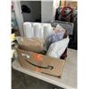 Image 1 : BOX OF AMAZON OVERSTOCK INCLUDING SYTROFOAM CUPS, 60 INCHES X 16 FEET BURLAP FABRIC, STUFFED ANIMAL,