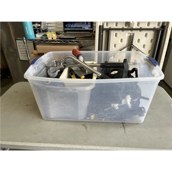 TOTE OF ASSORTED PAINT ANDTILE SUPPLIES INCLUDING TILE CUTTER