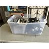 Image 1 : TOTE OF ASSORTED PAINT ANDTILE SUPPLIES INCLUDING TILE CUTTER
